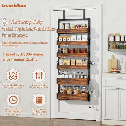 Over the Door Pantry Organizer: Storage and Pantry Organization with Hanging Basket - 8-Tier Metal Spice Rack Adjustable Shelves for Kitchen Laundry Room Bedroom & Bathroom Black