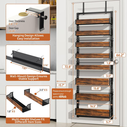 Over the Door Pantry Organizer: Storage and Pantry Organization with Hanging Basket - 8-Tier Metal Spice Rack Adjustable Shelves for Kitchen Laundry Room Bedroom & Bathroom Black