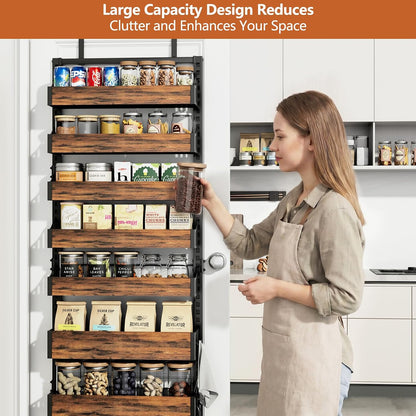 Over the Door Pantry Organizer: Storage and Pantry Organization with Hanging Basket - 8-Tier Metal Spice Rack Adjustable Shelves for Kitchen Laundry Room Bedroom & Bathroom Black