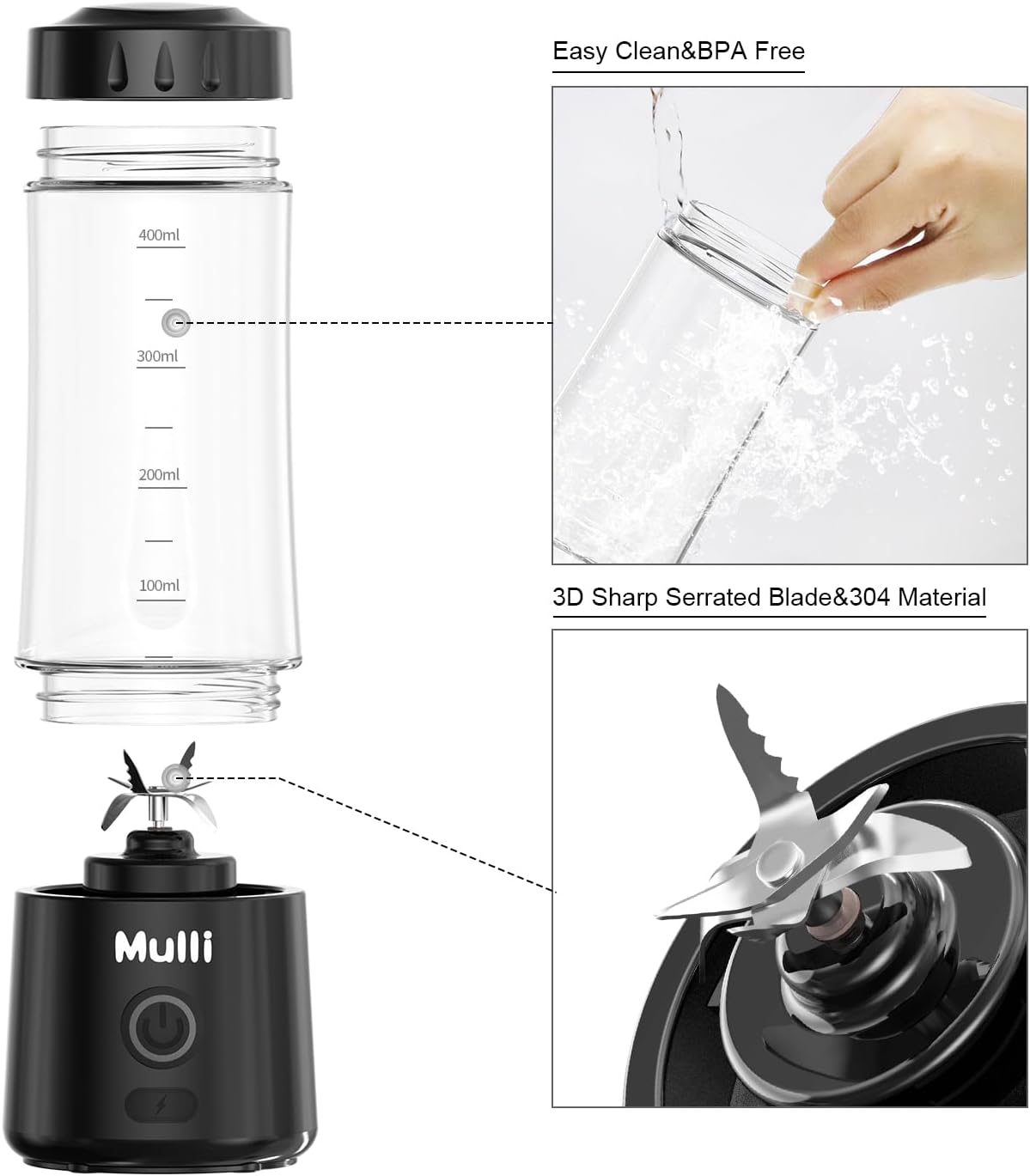 Mulli Portable Blender,14oz USB-C Rechargeable Mixer,BPA-Free