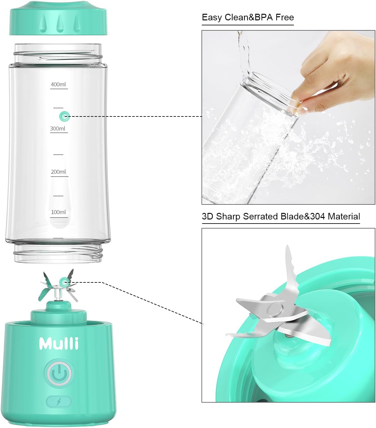 Mulli Portable Blender,14oz USB-C Rechargeable Mixer,BPA-Free