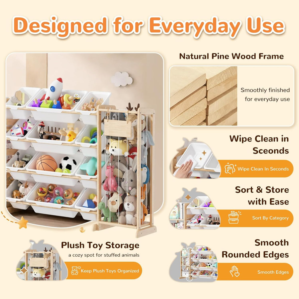 Toy Storage Organizer and Stuffed Animal Storage, Playroom Toy Organizer with 12 Toy Bins for Bricks, Toy Holder for Toddler Rooms, Playrooms, Bedrooms