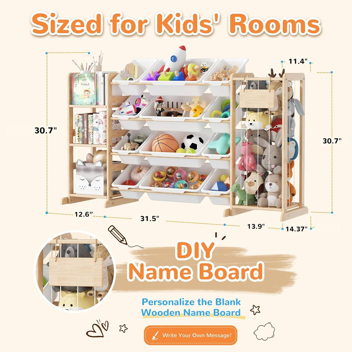 Toy Storage Organizer and Stuffed Animal Storage, Playroom Toy Organizer with 12 Toy Bins for Bricks, Toy Holder for Toddler Rooms, Playrooms, Bedrooms