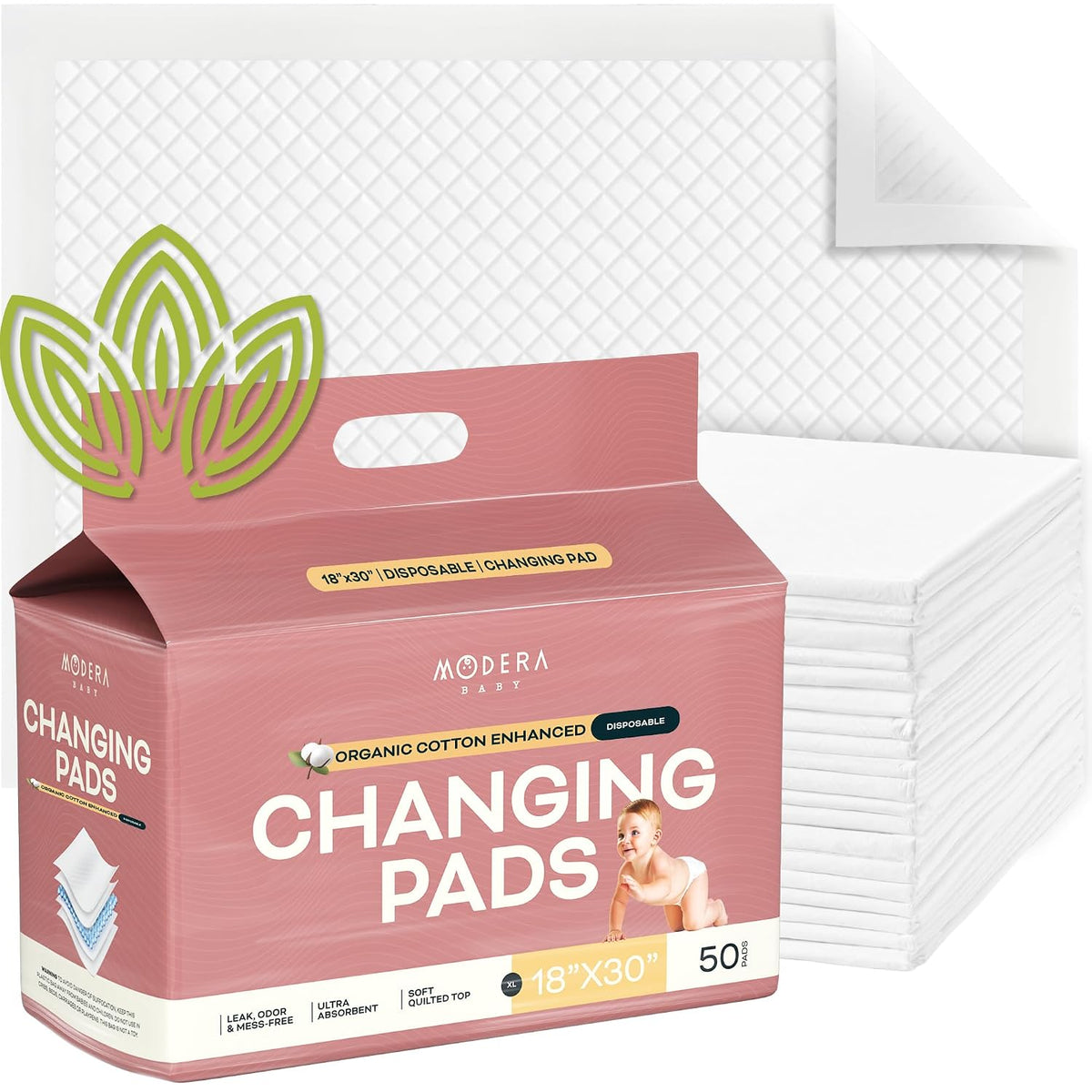 Organic Cotton Enhanced Disposable Changing Pad Liners | Large 18x24 Hypoallergenic Ultra Absorbent Waterproof Super Soft Quilted Underpads for Baby Diaper Table/Travel, Leak Proof, Mess Free 50-Pack