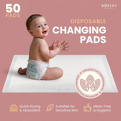 Organic Cotton Enhanced Disposable Changing Pad Liners | Large 18x24 Hypoallergenic Ultra Absorbent Waterproof Super Soft Quilted Underpads for Baby Diaper Table/Travel, Leak Proof, Mess Free 50-Pack