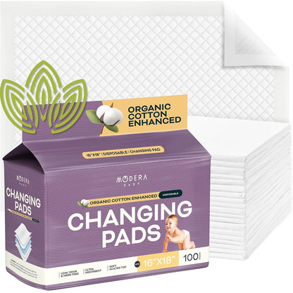 Organic Cotton Enhanced Disposable Changing Pad Liners | Large 18x24 Hypoallergenic Ultra Absorbent Waterproof Super Soft Quilted Underpads for Baby Diaper Table/Travel, Leak Proof, Mess Free 50-Pack