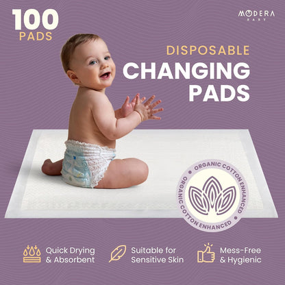 Organic Cotton Enhanced Disposable Changing Pad Liners | Large 18x24 Hypoallergenic Ultra Absorbent Waterproof Super Soft Quilted Underpads for Baby Diaper Table/Travel, Leak Proof, Mess Free 50-Pack