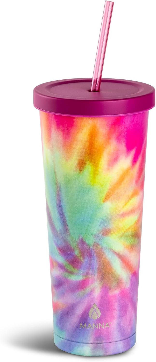 Chilly Double-wall Vacuum Insulated Stainless Steel Tumbler with Splash-proof Lid and Reusable Tritan Straw - 24 Oz - Bright Swirl