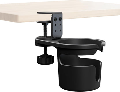 360° Rotating Clamp-On Desk Cup Holder for Mugs and Bottles Black | Space-saving under-desk swivel design with ABS holder carbon steel clamp and silicone pads for desks up to 2.75 in thick