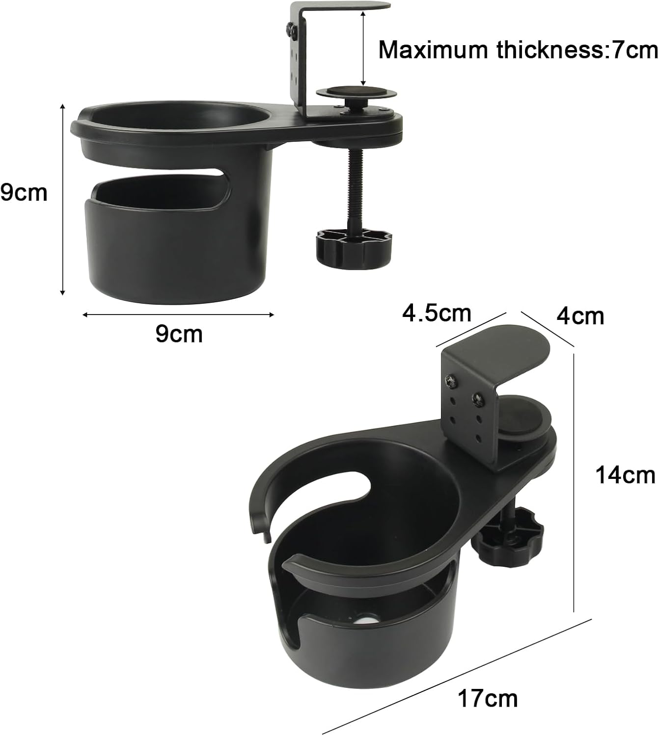 360° Rotating Clamp-On Desk Cup Holder for Mugs and Bottles Black | Space-saving under-desk swivel design with ABS holder carbon steel clamp and silicone pads for desks up to 2.75 in thick
