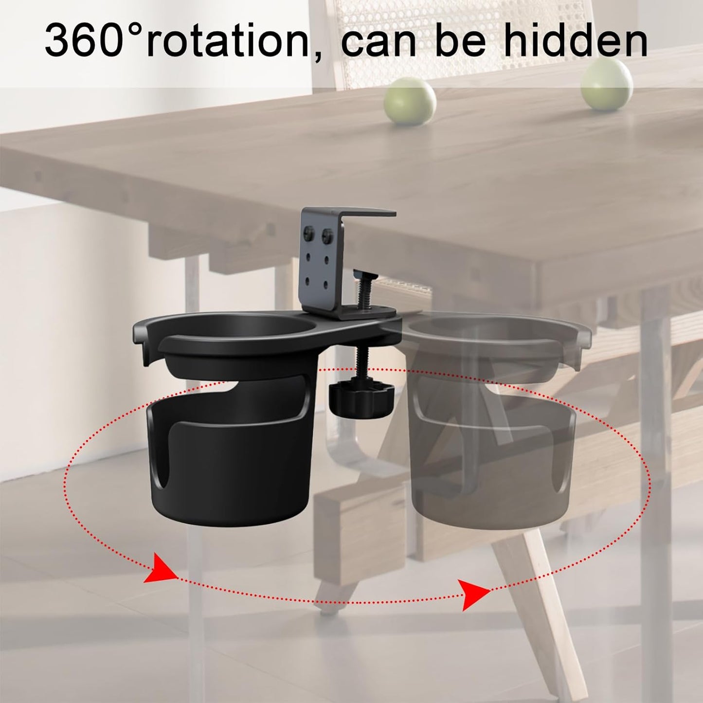 360° Rotating Clamp-On Desk Cup Holder for Mugs and Bottles Black | Space-saving under-desk swivel design with ABS holder carbon steel clamp and silicone pads for desks up to 2.75 in thick