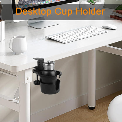 360° Rotating Clamp-On Desk Cup Holder for Mugs and Bottles Black | Space-saving under-desk swivel design with ABS holder carbon steel clamp and silicone pads for desks up to 2.75 in thick