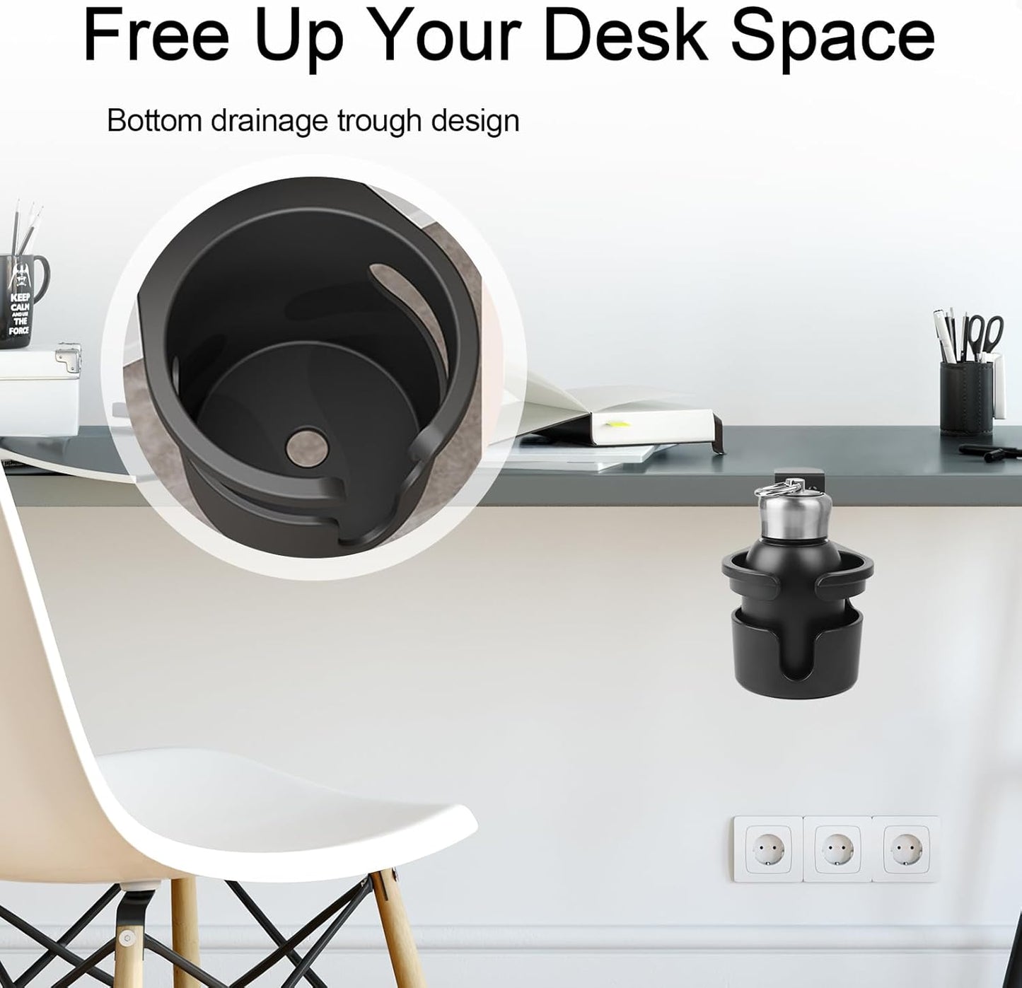 360° Rotating Clamp-On Desk Cup Holder for Mugs and Bottles Black | Space-saving under-desk swivel design with ABS holder carbon steel clamp and silicone pads for desks up to 2.75 in thick