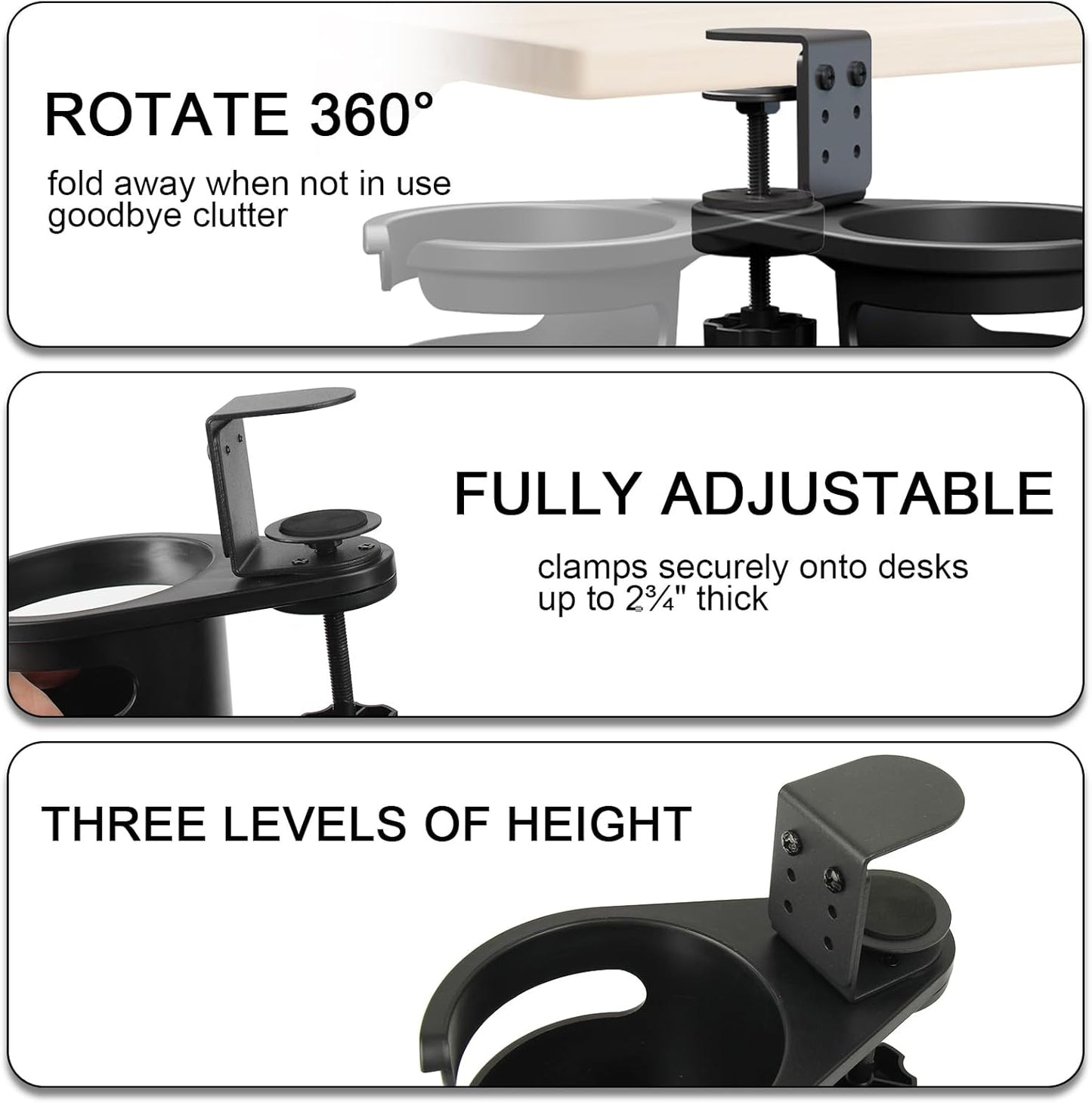 360° Rotating Clamp-On Desk Cup Holder for Mugs and Bottles Black | Space-saving under-desk swivel design with ABS holder carbon steel clamp and silicone pads for desks up to 2.75 in thick