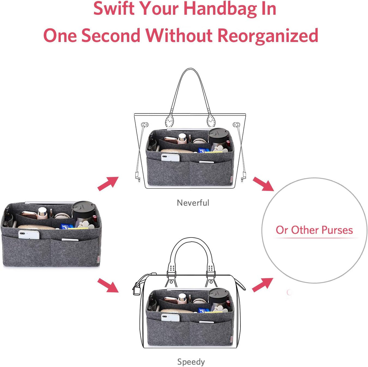 Felt Purse Organizer, Multi Pocket Bag in Bag Organizer For Tote & Handbag Shaper, Speedy 30, Speedy 35 and Speedy 40