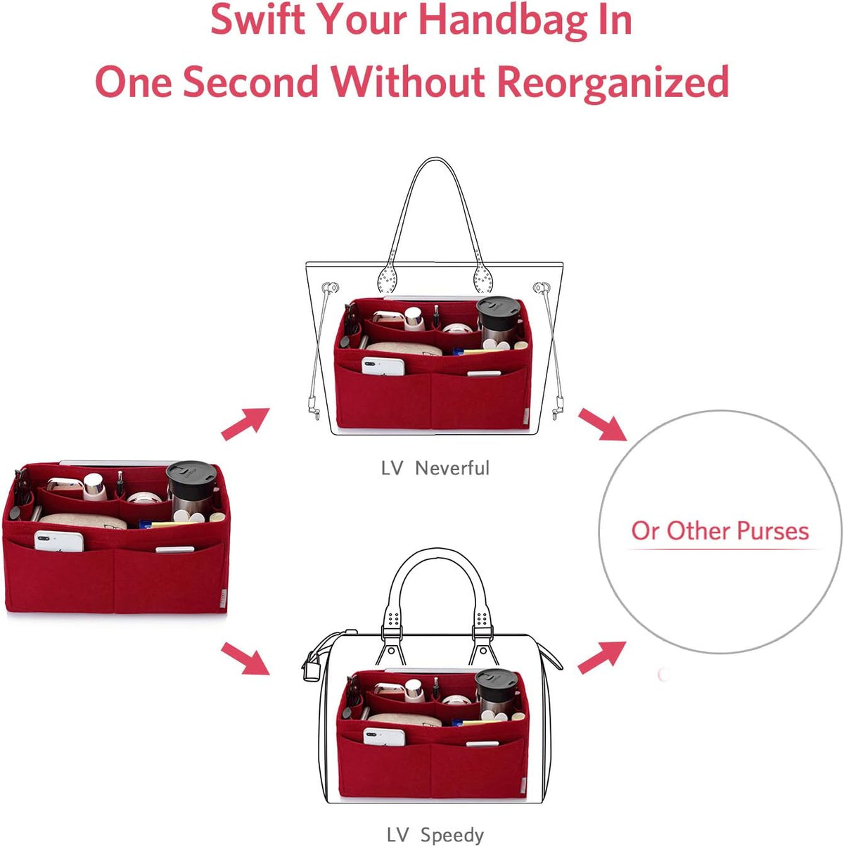 Felt Purse Organizer, Multi Pocket Bag in Bag Organizer For Tote & Handbag Shaper, Speedy 30, Speedy 35 and Speedy 40