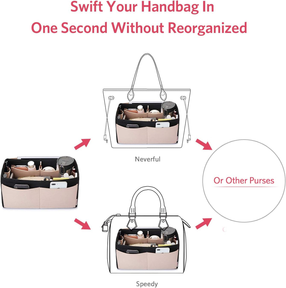 Felt Purse Organizer, Multi Pocket Bag in Bag Organizer For Tote & Handbag Shaper, Speedy 30, Speedy 35 and Speedy 40