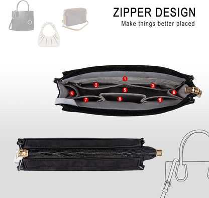 Purse Organizer Insert with Zipper for Women Hobo Handbags Shaper Insert 12 Pockets Bag Black Small