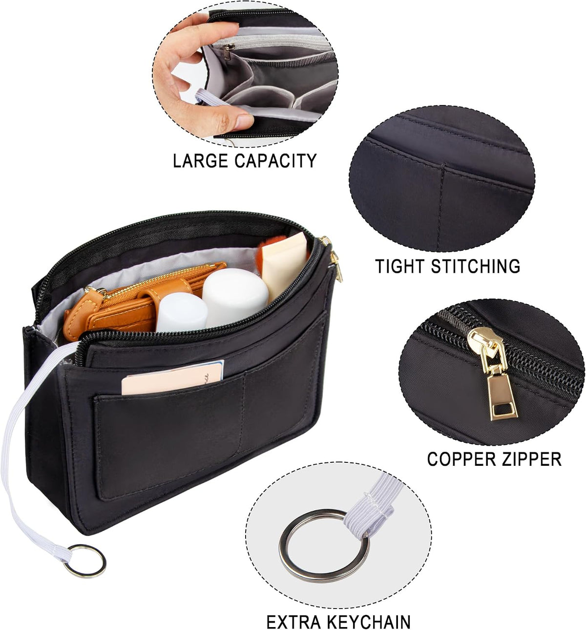 Purse Organizer Insert with Zipper for Women Hobo Handbags Shaper Insert 12 Pockets Bag Black Small