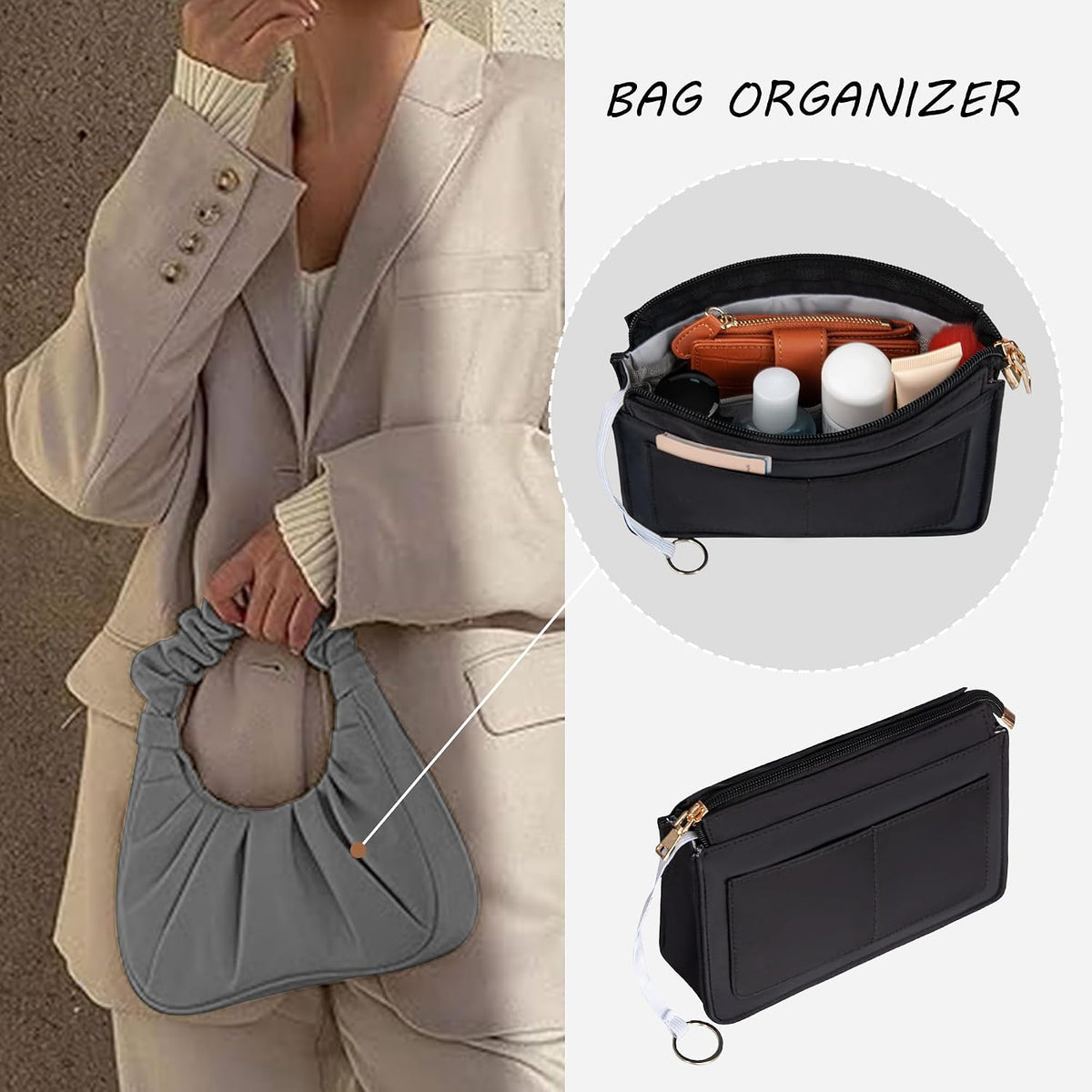 Purse Organizer Insert with Zipper for Women Hobo Handbags Shaper Insert 12 Pockets Bag Black Small