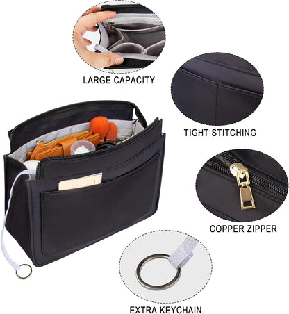 Purse Organizer Insert with Zipper for Women Hobo Handbags Shaper Insert 12 Pockets Bag Black Small