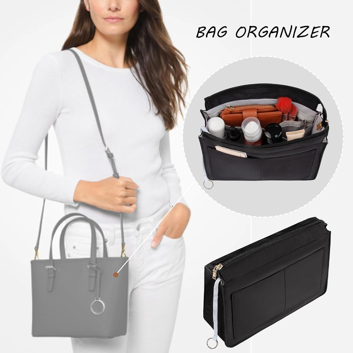 Purse Organizer Insert with Zipper for Women Hobo Handbags Shaper Insert 12 Pockets Bag Black Small