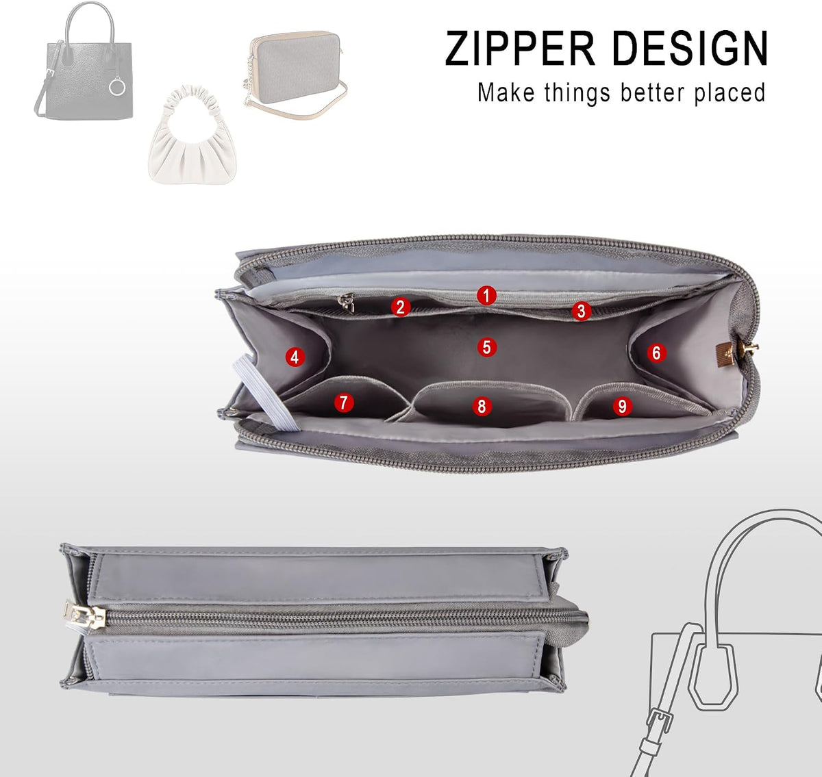 Purse Organizer Insert with Zipper for Women Hobo Handbags Shaper Insert 12 Pockets Bag Black Small