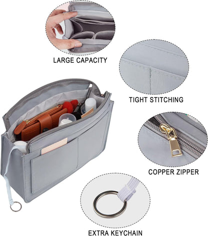 Purse Organizer Insert with Zipper for Women Hobo Handbags Shaper Insert 12 Pockets Bag Black Small