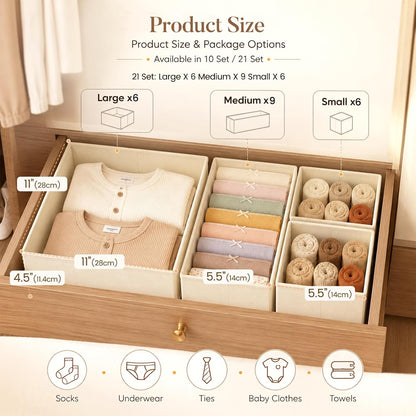 Drawer Organizer Storage for Clothes, Socks, 10 Pack, Beige