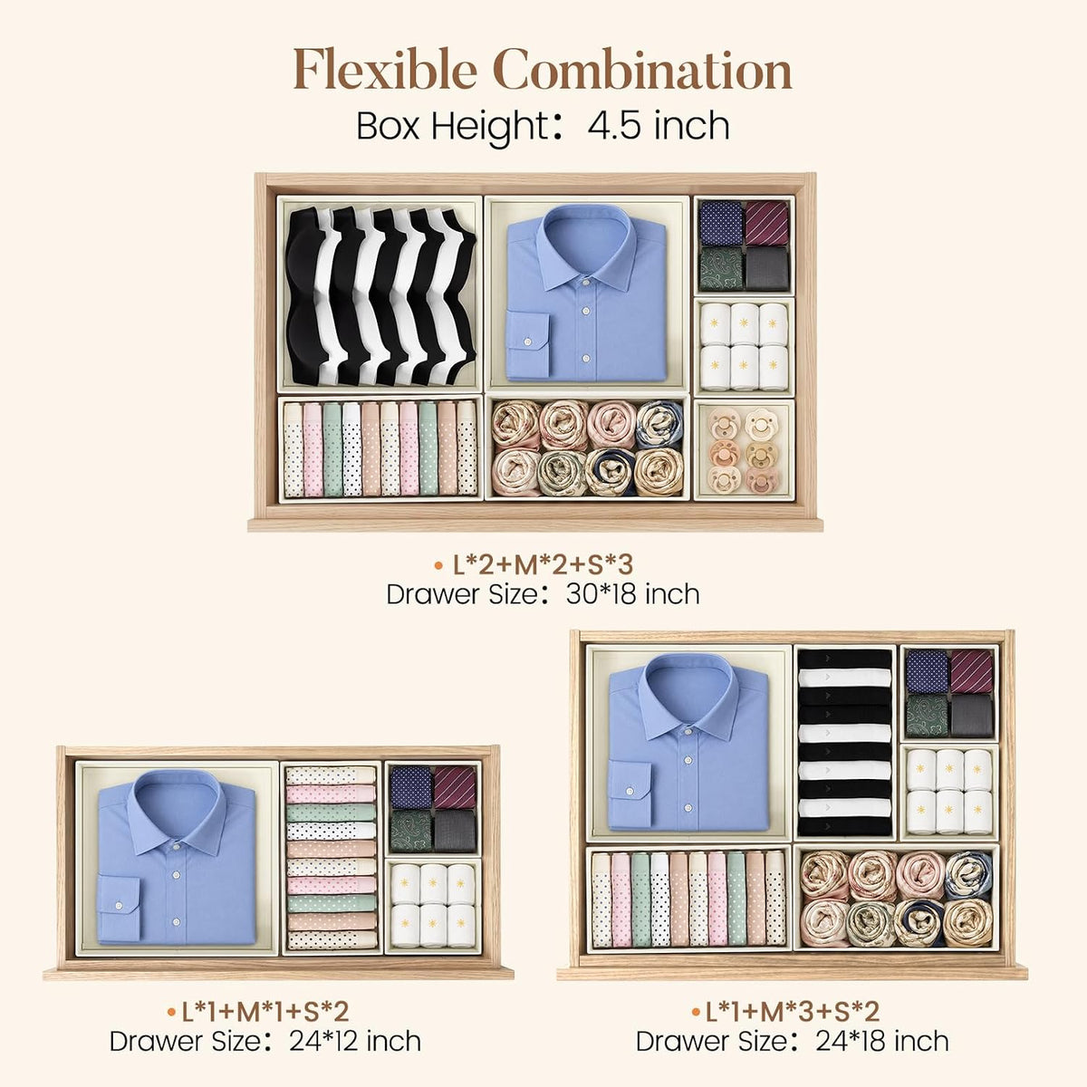 Drawer Organizer Storage for Clothes, Socks, 10 Pack, Beige