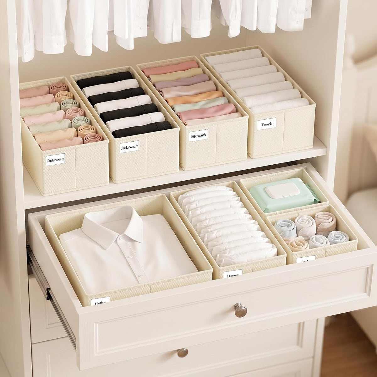 Drawer Organizer Storage for Clothes, Socks, 10 Pack, Beige