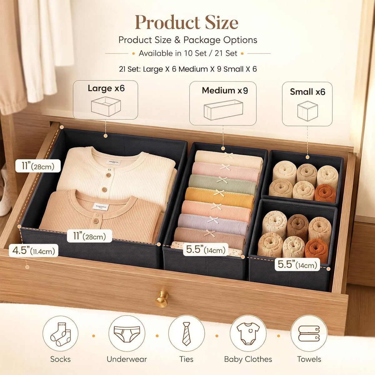 Drawer Organizer Storage for Clothes, Socks, 10 Pack, Beige