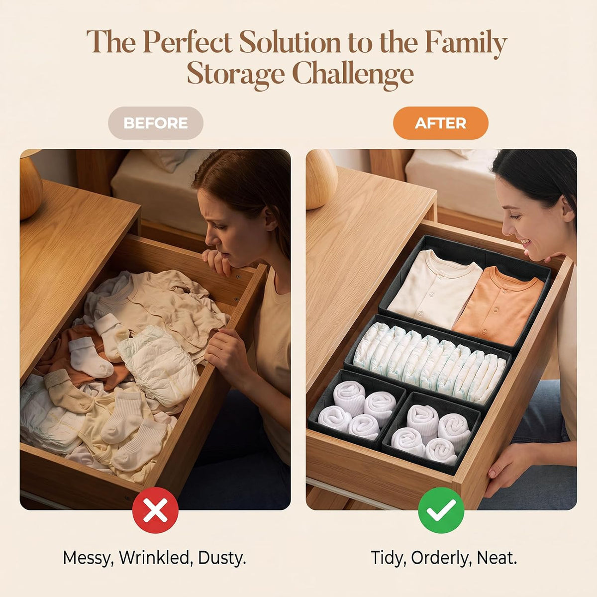 Drawer Organizer Storage for Clothes, Socks, 10 Pack, Beige
