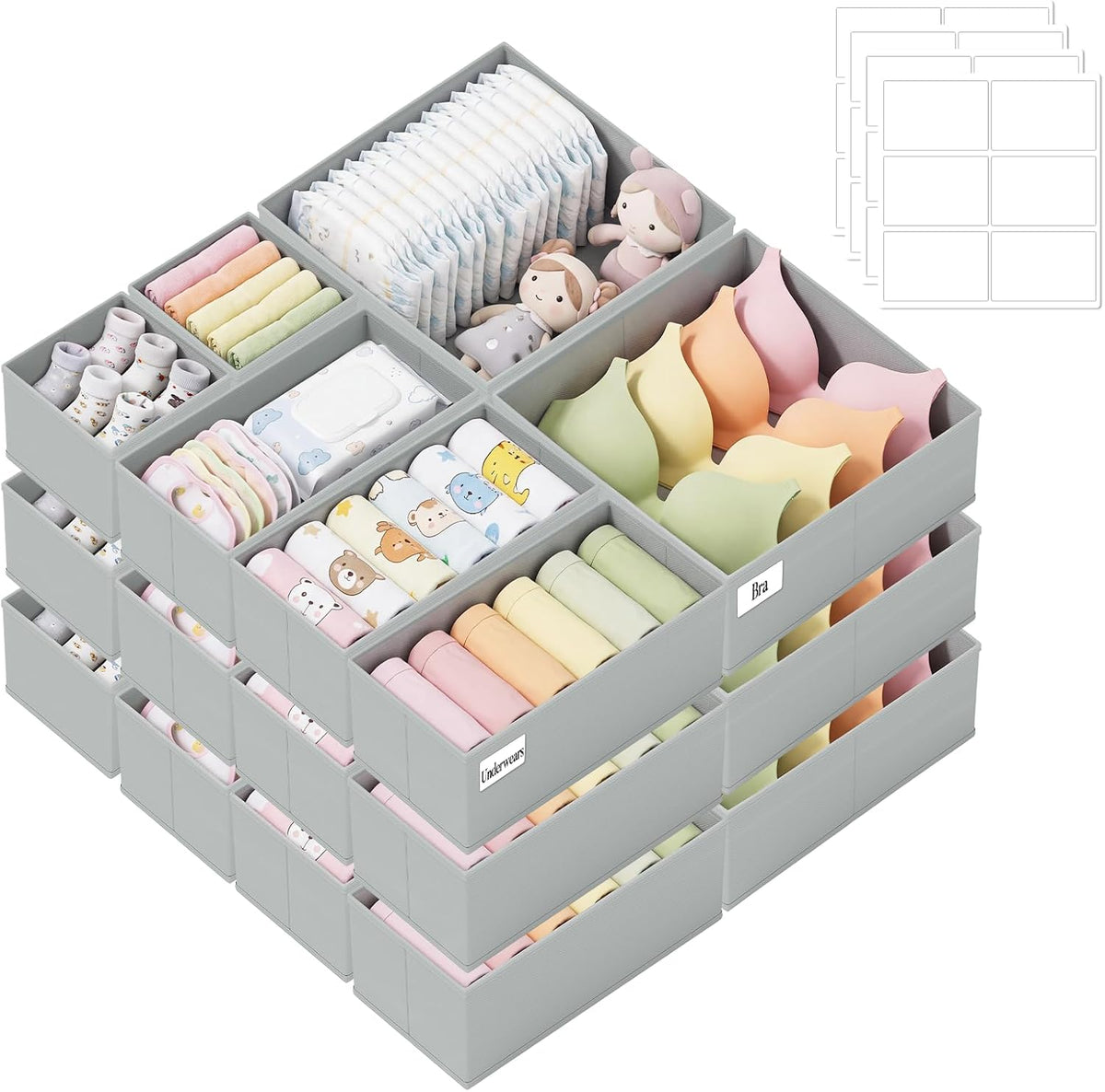 Drawer Organizer Storage for Clothes, Socks, 10 Pack, Beige