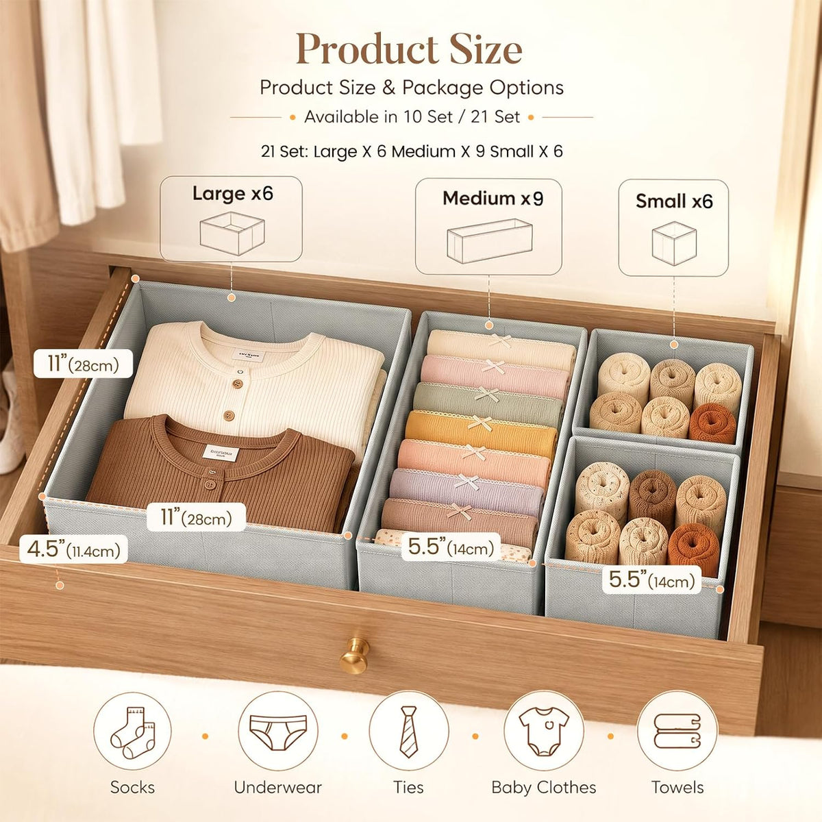Drawer Organizer Storage for Clothes, Socks, 10 Pack, Beige