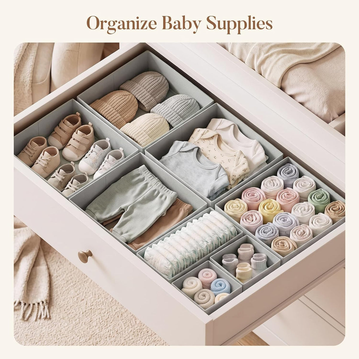 Drawer Organizer Storage for Clothes, Socks, 10 Pack, Beige