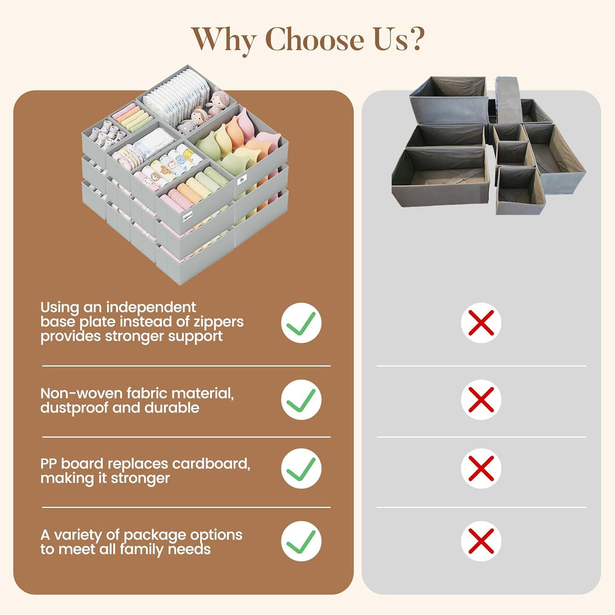 Drawer Organizer Storage for Clothes, Socks, 10 Pack, Beige