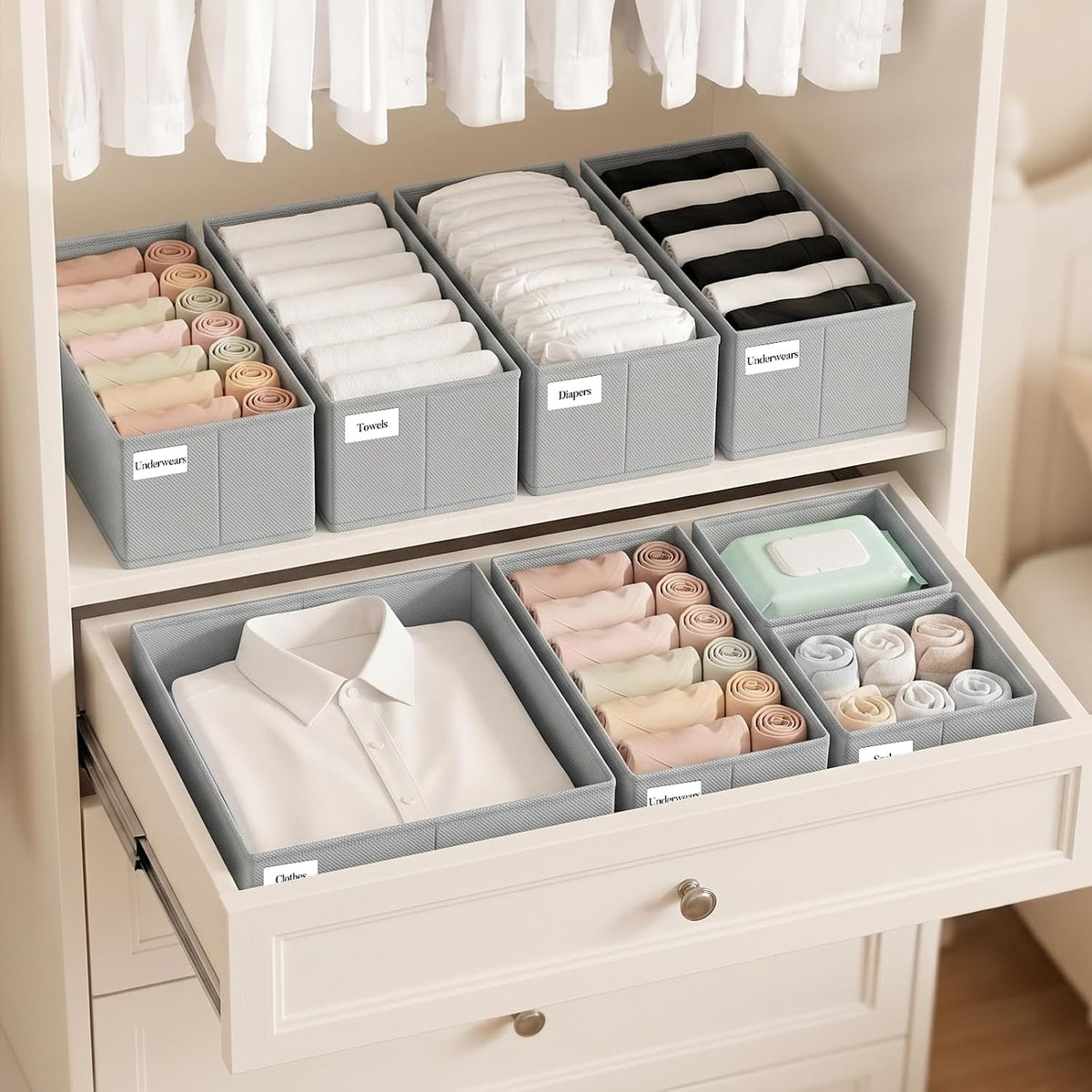 Drawer Organizer Storage for Clothes, Socks, 10 Pack, Beige