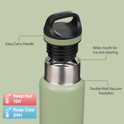 18oz Insulated Water Bottle Stainless Steel Water Bottle with Handle | BPA-Free Leak-Proof Bottle with Double Wall Vacuum Insulation, Reusable Water Bottle for Gym, Office, Travel & Everyday Use