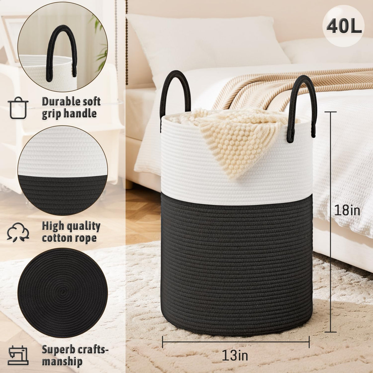Laundry Basket,Woven Cotton Rope Laundry Hamper,80L for Decorative Storage of Dirty Clothes,Toys and Blankets in Bathroom,Bedroom and Living Room