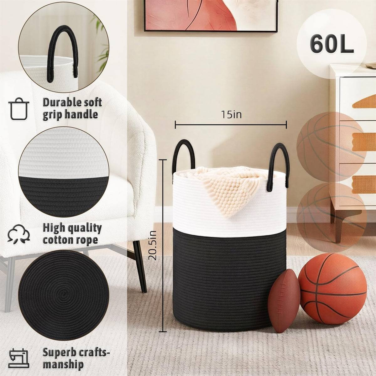 Laundry Basket,Woven Cotton Rope Laundry Hamper,80L for Decorative Storage of Dirty Clothes,Toys and Blankets in Bathroom,Bedroom and Living Room