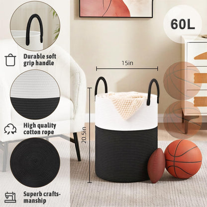 Laundry Basket,Woven Cotton Rope Laundry Hamper,80L for Decorative Storage of Dirty Clothes,Toys and Blankets in Bathroom,Bedroom and Living Room