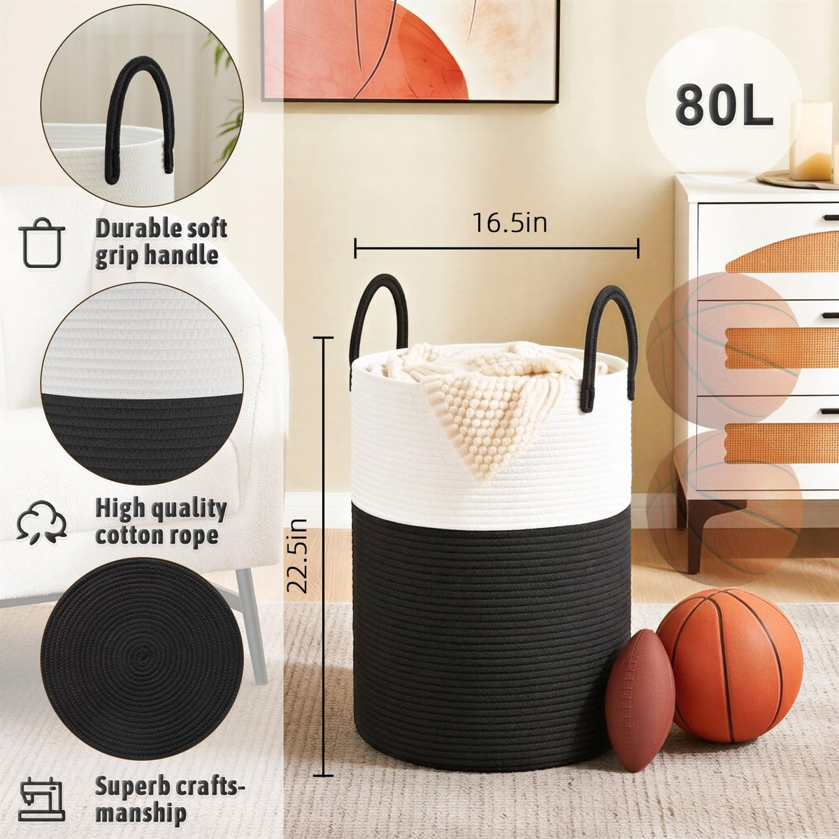 Laundry Basket,Woven Cotton Rope Laundry Hamper,80L for Decorative Storage of Dirty Clothes,Toys and Blankets in Bathroom,Bedroom and Living Room