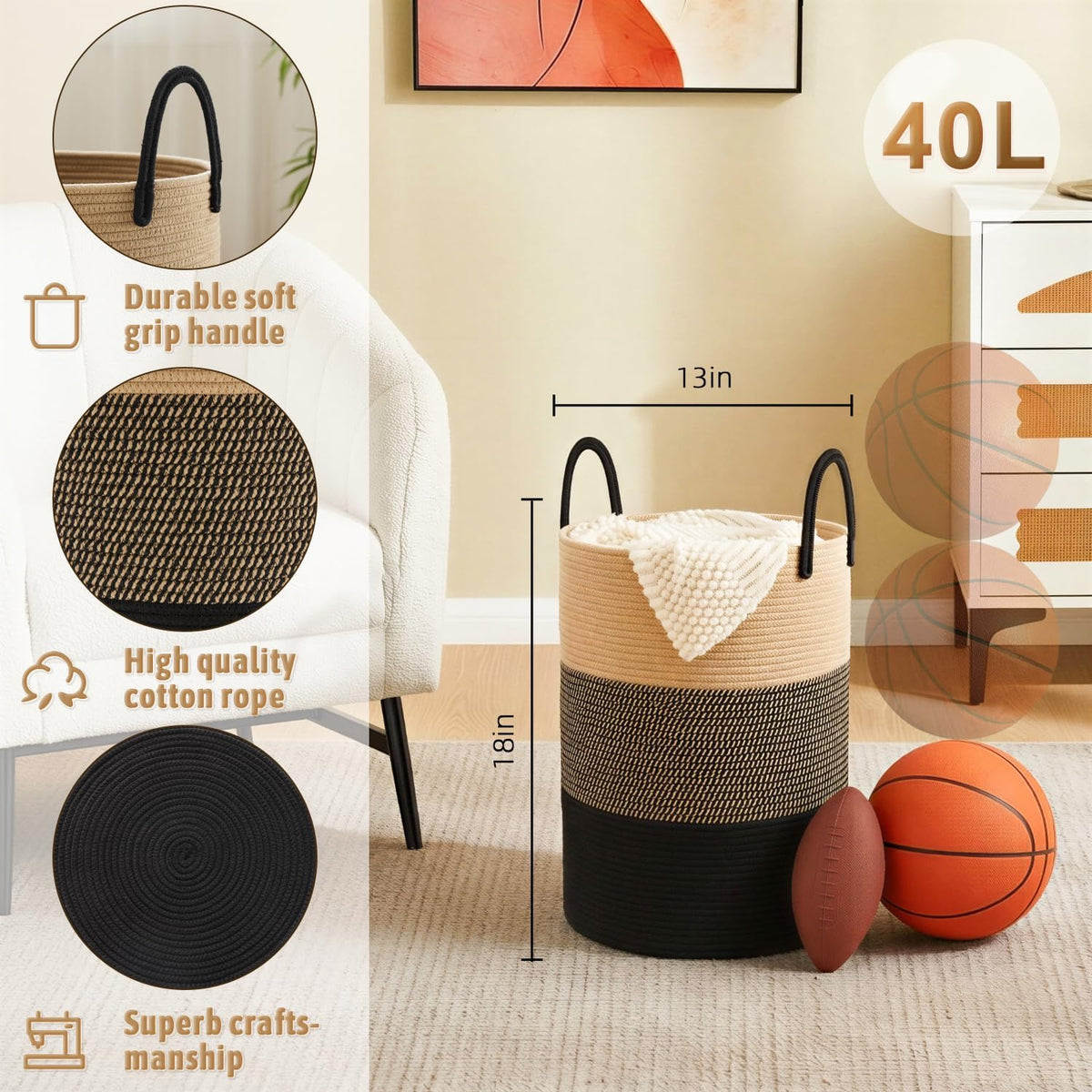 Laundry Basket,Woven Cotton Rope Laundry Hamper,80L for Decorative Storage of Dirty Clothes,Toys and Blankets in Bathroom,Bedroom and Living Room