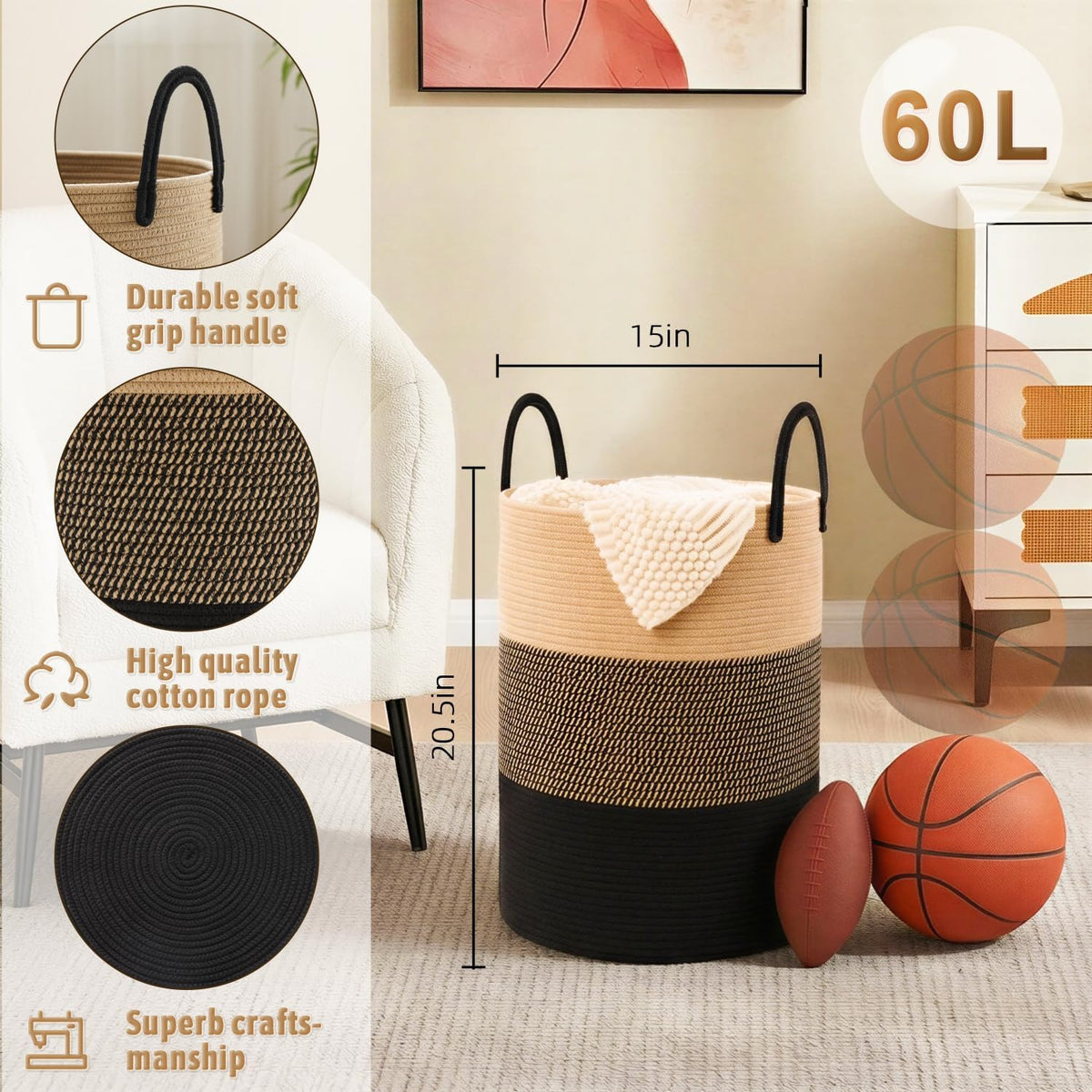 Laundry Basket,Woven Cotton Rope Laundry Hamper,80L for Decorative Storage of Dirty Clothes,Toys and Blankets in Bathroom,Bedroom and Living Room
