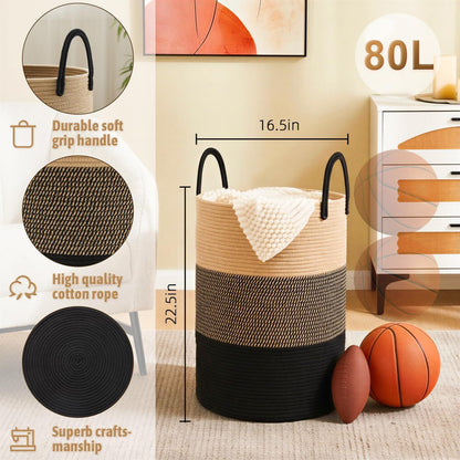 Laundry Basket,Woven Cotton Rope Laundry Hamper,80L for Decorative Storage of Dirty Clothes,Toys and Blankets in Bathroom,Bedroom and Living Room