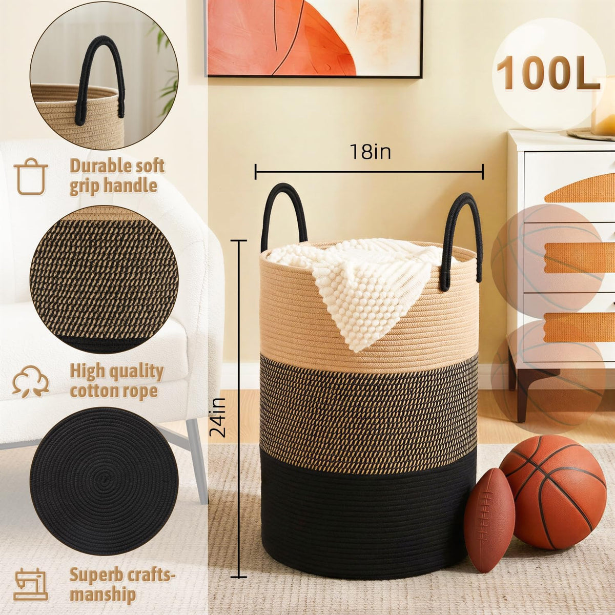 Laundry Basket,Woven Cotton Rope Laundry Hamper,80L for Decorative Storage of Dirty Clothes,Toys and Blankets in Bathroom,Bedroom and Living Room