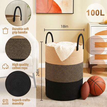 Laundry Basket,Woven Cotton Rope Laundry Hamper,80L for Decorative Storage of Dirty Clothes,Toys and Blankets in Bathroom,Bedroom and Living Room