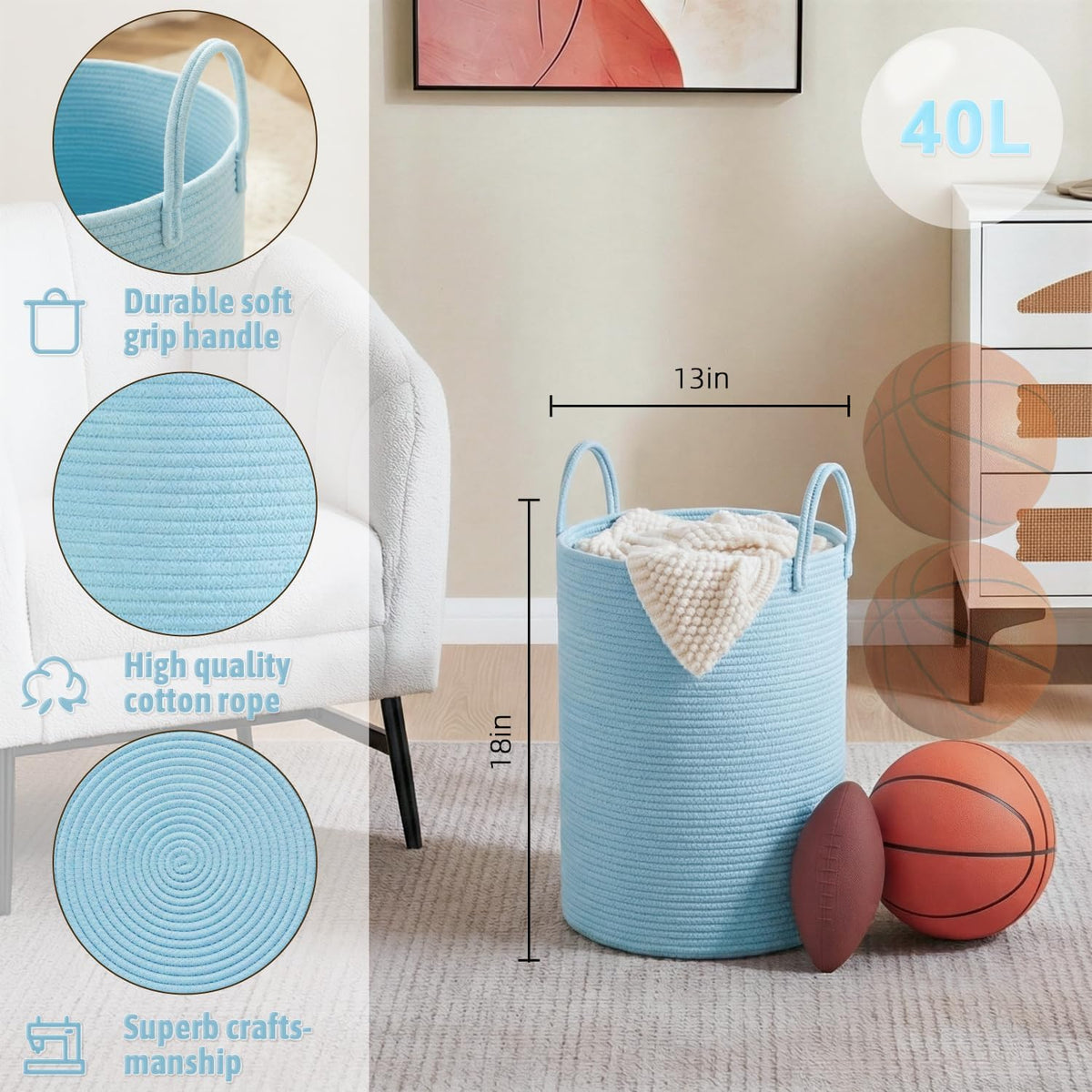 Laundry Basket,Woven Cotton Rope Laundry Hamper,80L for Decorative Storage of Dirty Clothes,Toys and Blankets in Bathroom,Bedroom and Living Room