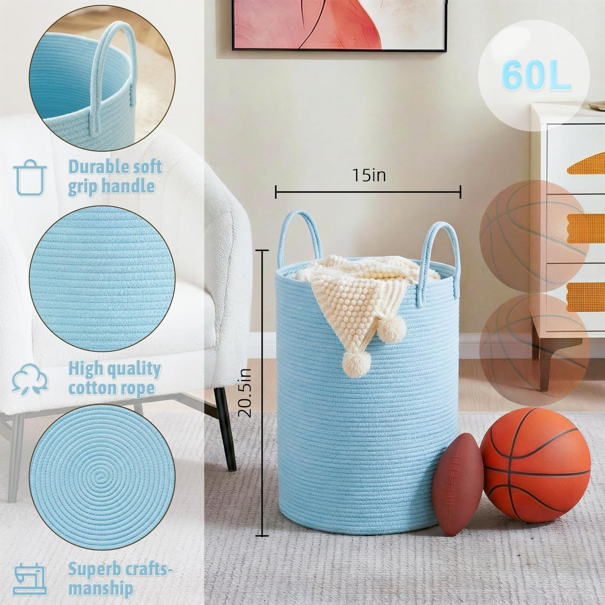 Laundry Basket,Woven Cotton Rope Laundry Hamper,80L for Decorative Storage of Dirty Clothes,Toys and Blankets in Bathroom,Bedroom and Living Room